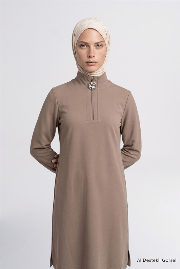 Fermuar Detaylı Basic Tunik Vizon