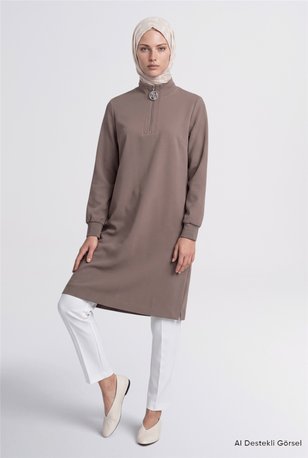 Fermuar Detaylı Basic Tunik Vizon
