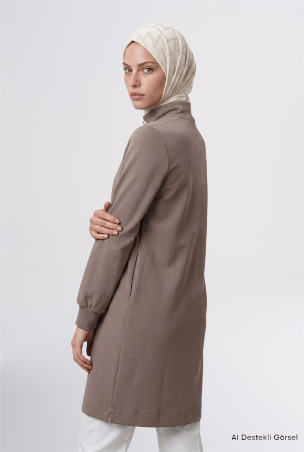 Fermuar Detaylı Basic Tunik Vizon