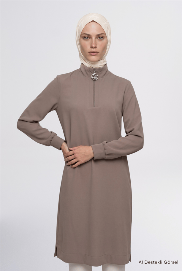 Fermuar Detaylı Basic Tunik Vizon