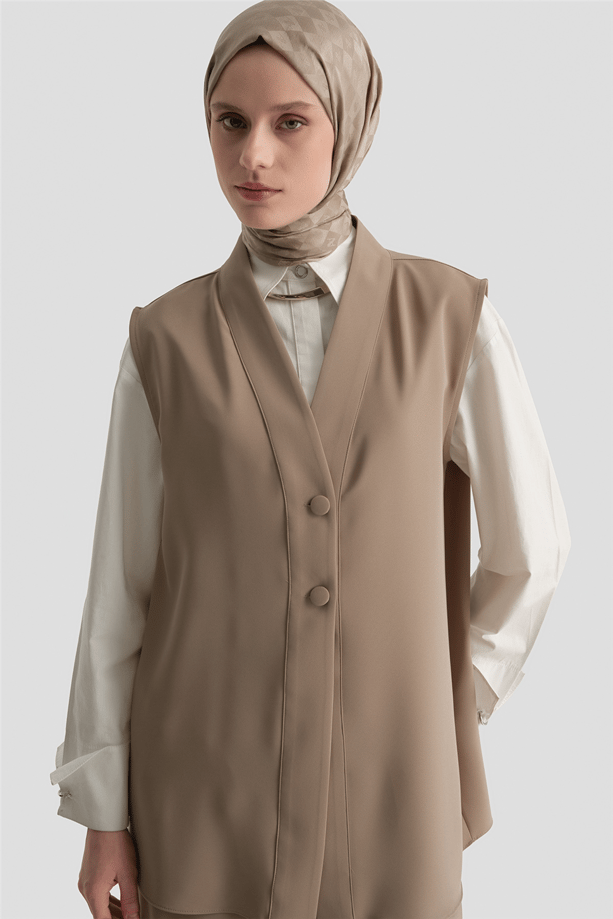 Düğmeli Oversize Yelek Vizon