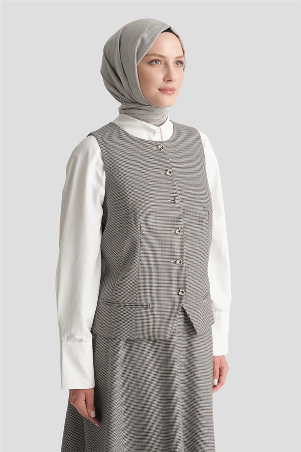 Pullu Ekose Desen Fitted Yelek Gri