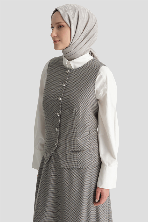 Pullu Ekose Desen Fitted Yelek Gri