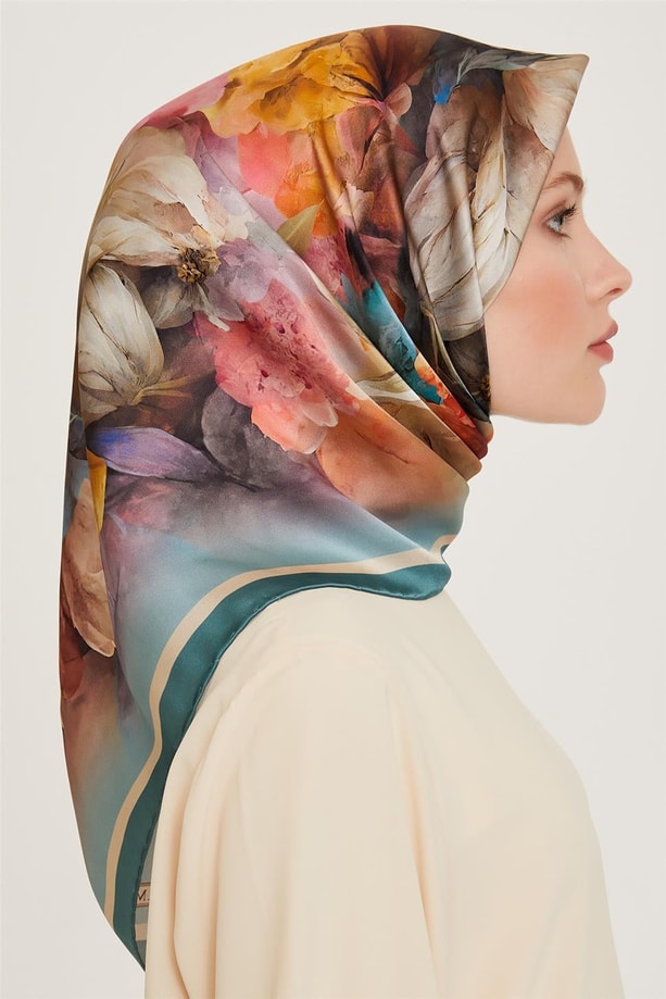 Armine Çiçek Desenli Twill Saf İpek Eşarp 9211D 31