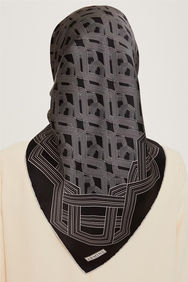 Armine Klasik Desenli Twill Saf İpek Eşarp 9213D 03