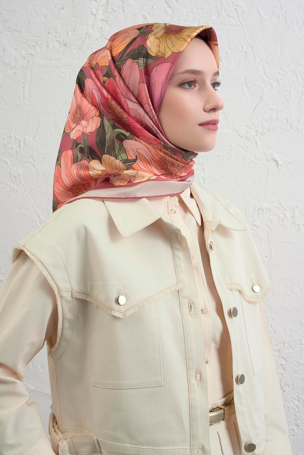 Armine Çiçek Desenli Saf İpek Twill Eşarp 9403D 01