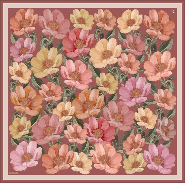 Armine Çiçek Desenli Saf İpek Twill Eşarp 9403D 01