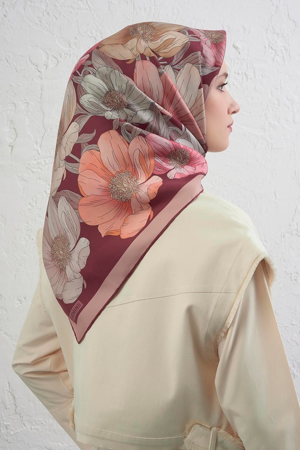 Armine Çiçek Desenli Saf İpek Twill Eşarp 9403D 02