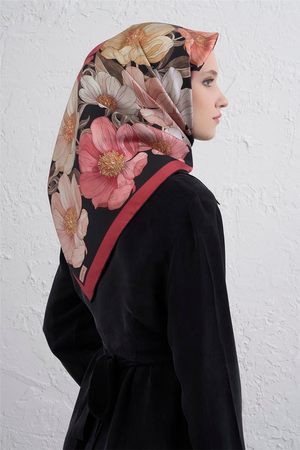 Armine Çiçek Desenli Saf İpek Twill Eşarp 9403D 32