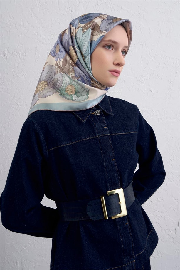 Armine Çiçek Desenli Saf İpek Twill Eşarp 9403D 35