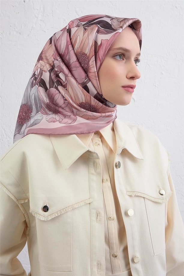 Armine Çiçek Desenli Saf İpek Twill Eşarp 9403D 82