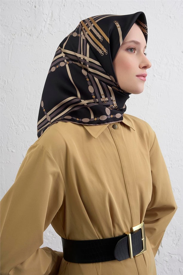 Armine Obje Desenli Saf İpek Twill Eşarp 9407D 04
