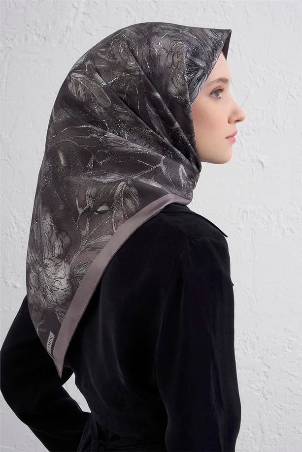 Armine Çiçek Desenli Saf İpek Twill Eşarp 9409D 07