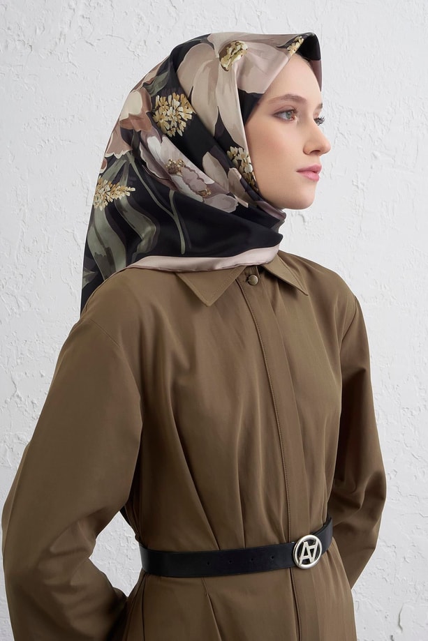 Armine Çiçek Desenli Saf İpek Twill Eşarp 9414D 5
