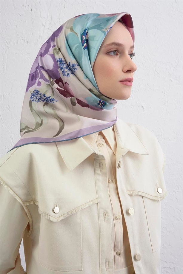 Armine Çiçek Desenli Saf İpek Twill Eşarp 9414D 6