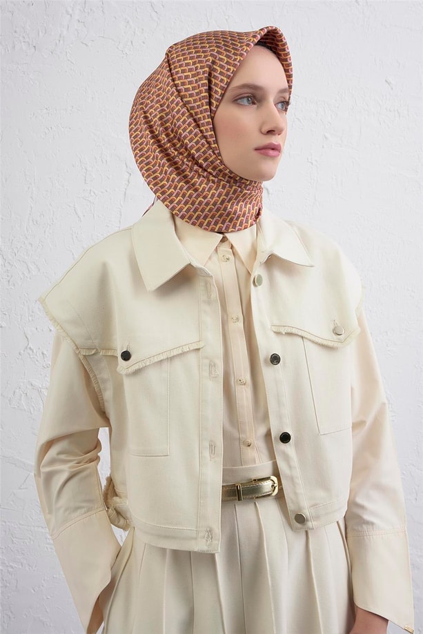 Armine Geometrik Desenli Saf İpek Twill Eşarp 9417D 05