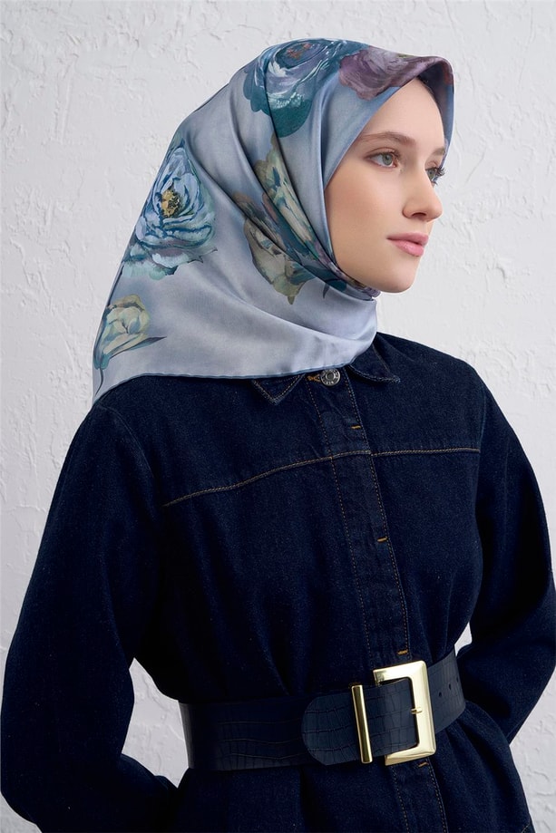 Armine Çiçek Desenli Saf İpek Twill Eşarp 9419D 07