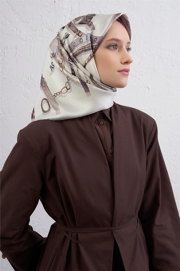 Armine Obje Desenli Saf İpek Twill Eşarp 9422D 86