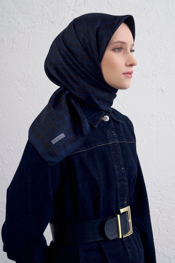 Armine Geometrik Desenli Saf İpek Twill Eşarp 9438D 50