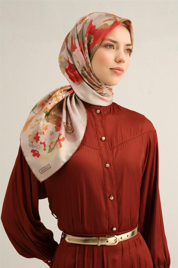 Armine Desenli Saf İpek Twill Eşarp 9334-10