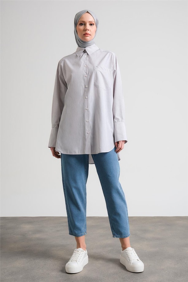 Armine Çizgili Gömlek ORT3440 Vizon