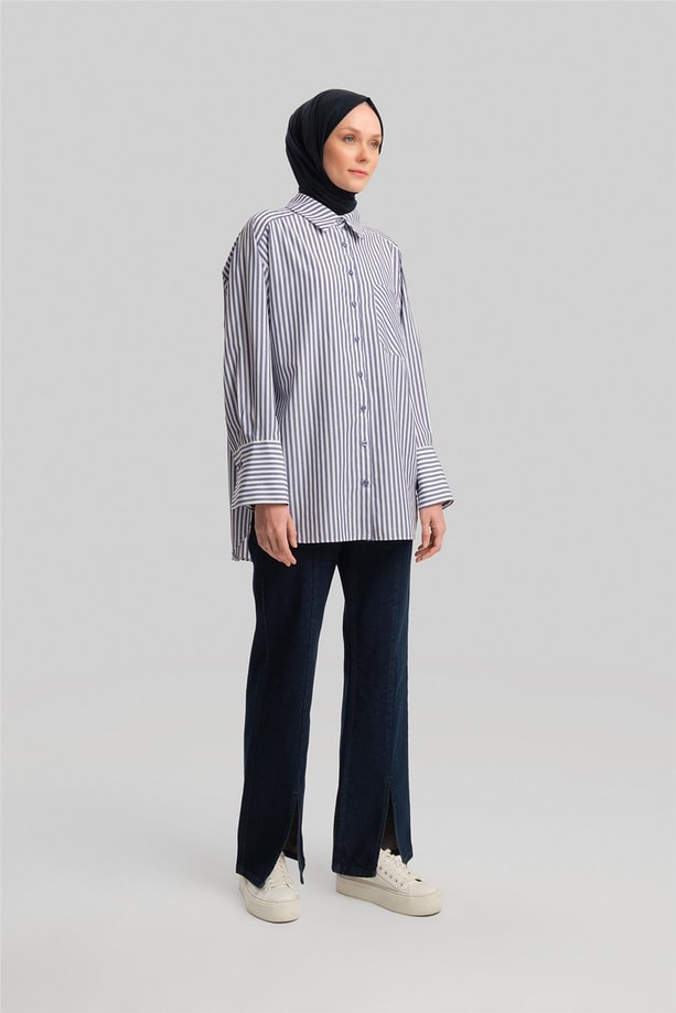 Armine Kalın Çizgili Gömlek 23K3440-1 Lacivert
