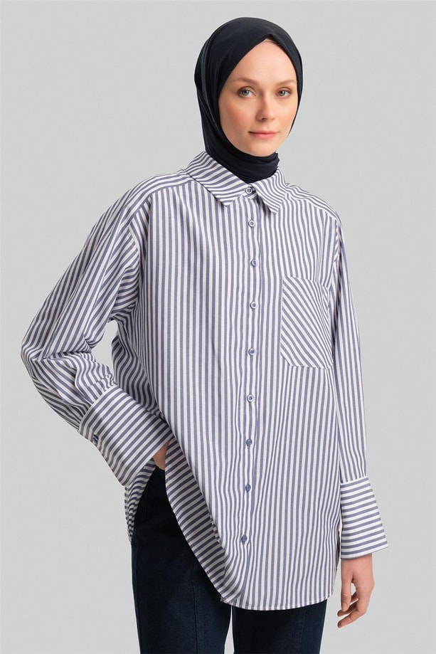 Armine Kalın Çizgili Gömlek 23K3440-1 Lacivert