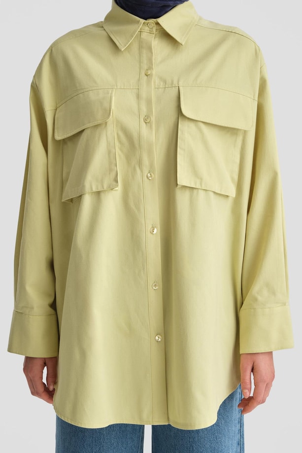 Armine Körüklü Cepli Gabardin Gömlek Ceket 24K3603 Çağla