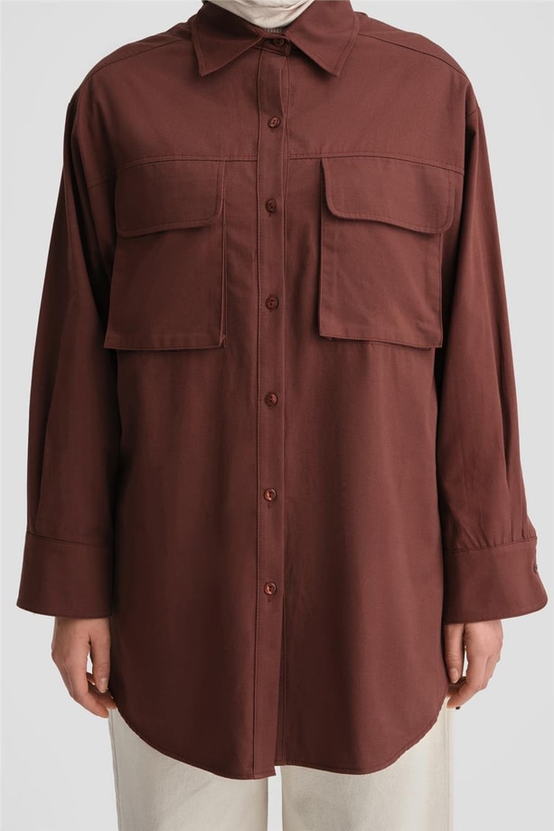 Armine Cepli Gabardin Gömlek Ceket 24K3603 Kızıl Kahve