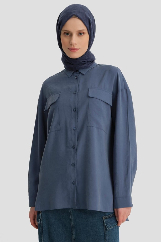 Armine Cep Kapaklı Oversize Gömlek ORT3635 İndigo