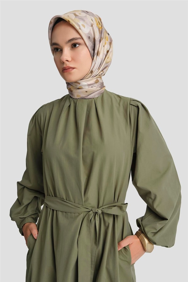 Armine Pile Detaylı Pamuk Elbise 25Y9024 Haki