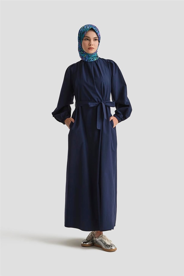 Armine Pile Detaylı Pamuk Elbise 25Y9024 Lacivert
