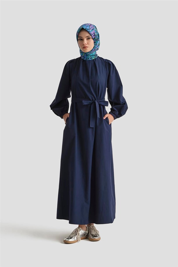 Armine Pile Detaylı Pamuk Elbise 25Y9024 Lacivert