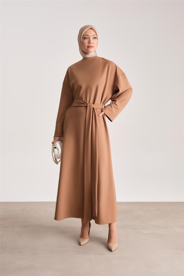 Armine Örme Beli Çift Bağlamalı Elbise ORT9727 Camel