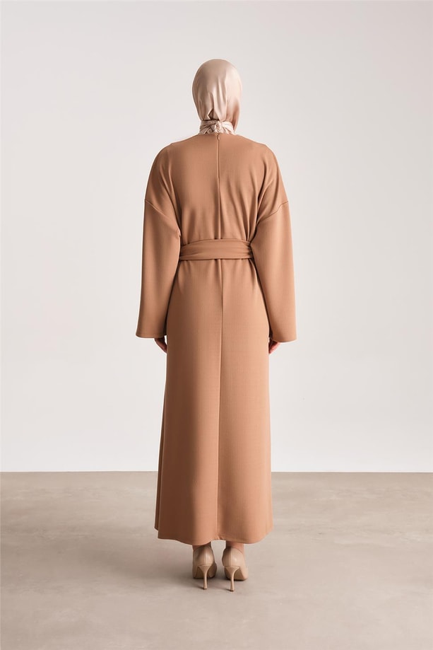 Armine Örme Beli Çift Bağlamalı Elbise ORT9727 Camel