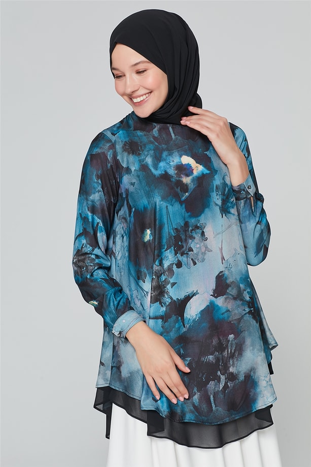 Armine Tüllü Ve Desenli Bluz 20Ka3915 İndigo