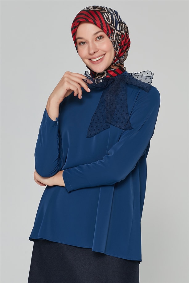 Armine Boyundan Bağlamalı Bluz 20Ka3920 İndigo