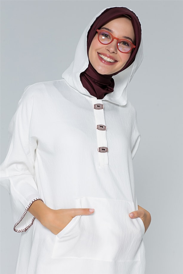 Armine Üç Düğmeli Kapşonlu Tunik 20Ya4285 Beyaz