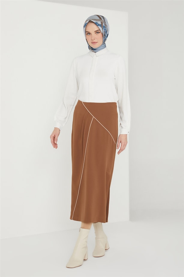 Armine Kontrast Biyeli Etek 21K1123 Badem