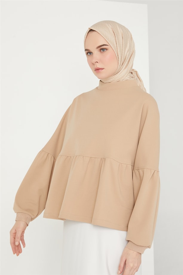 Armine Büzgü Ve Ribana Detaylı Bluz 21K3027 Kum