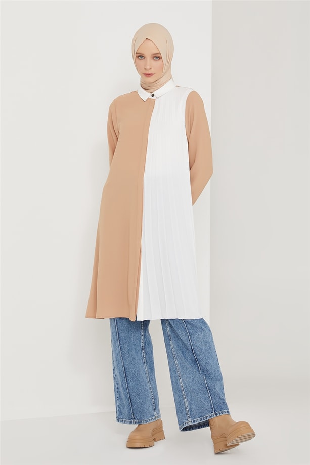 Armine Yarısı Pilise Detaylı Tunik 21K4506 Bej