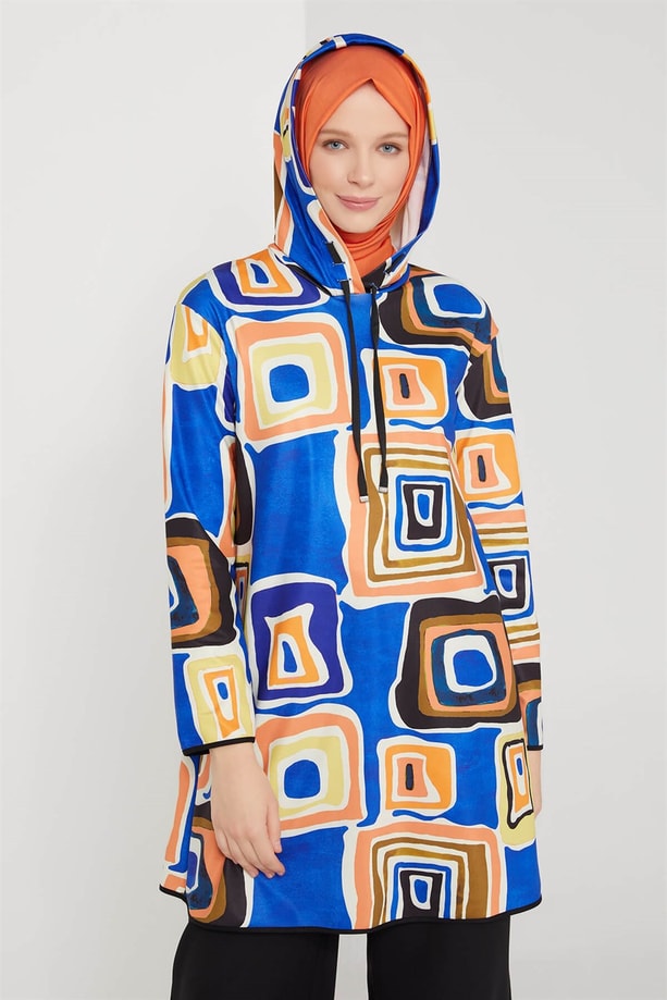 Armine Kordon Detaylı Desenli Scuba Tunik 21K4516 Mavi