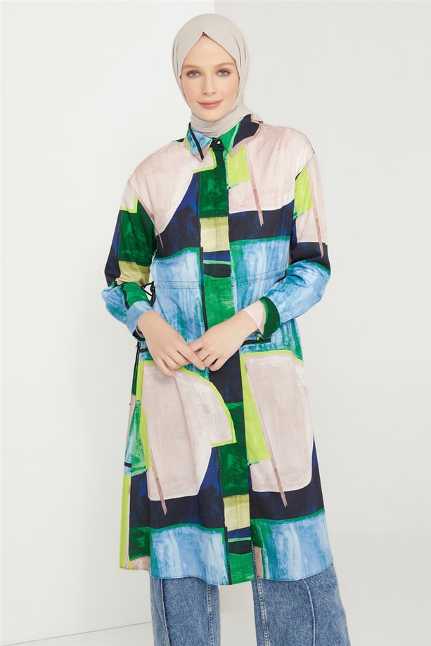 Armine Beli Büzülebilir Desenli Tunik 21K4517 Lacivert