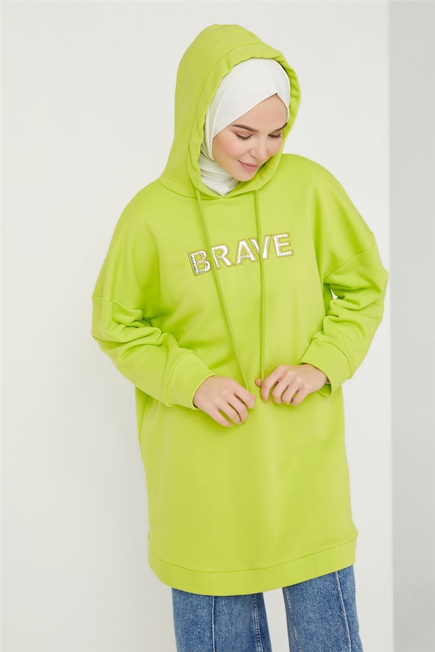 Armine Nakış Detaylı Kapüşonlu Sweatshırt 21K4519 Lime Yeşili
