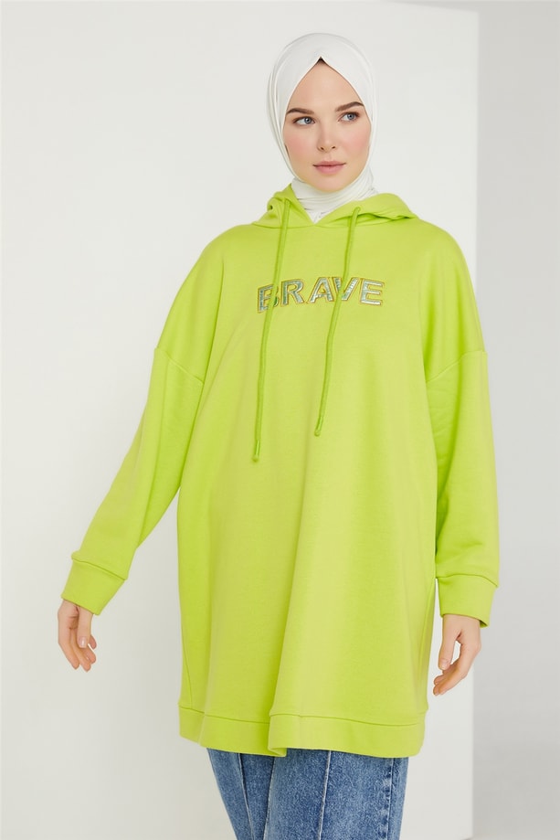 Armine Nakış Detaylı Kapüşonlu Sweatshırt 21K4519 Lime Yeşili