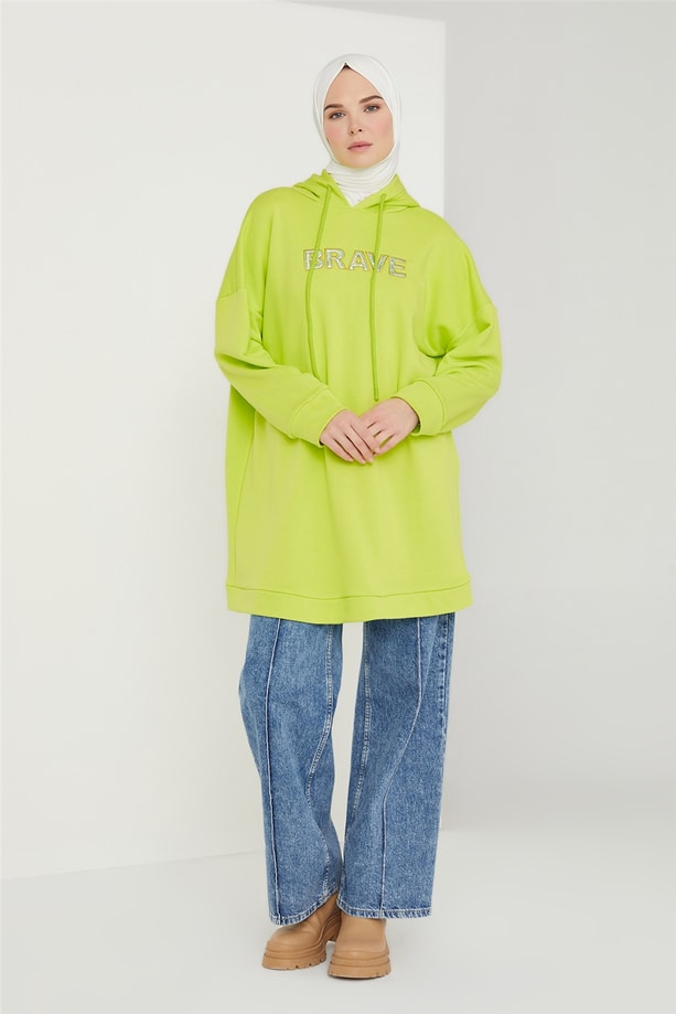 Armine Nakış Detaylı Kapüşonlu Sweatshırt 21K4519 Lime Yeşili