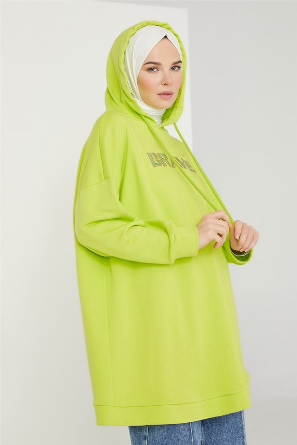 Armine Nakış Detaylı Kapüşonlu Sweatshırt 21K4519 Lime Yeşili