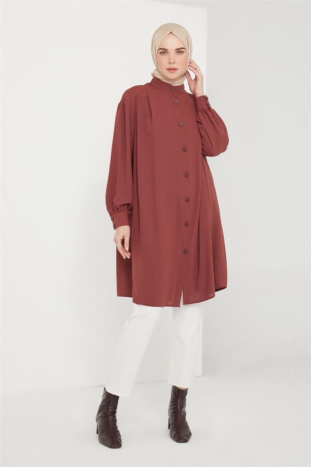Armine Pileli Tunik 21K4552 Kızıl Kahve