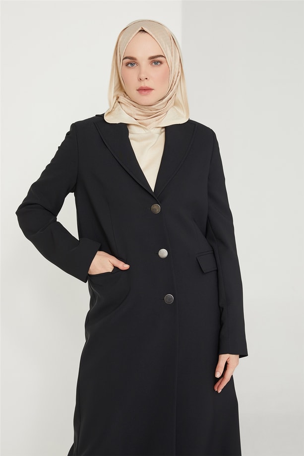 Armine Yaka Detaylı Uzun Ceket 21K5600 Siyah