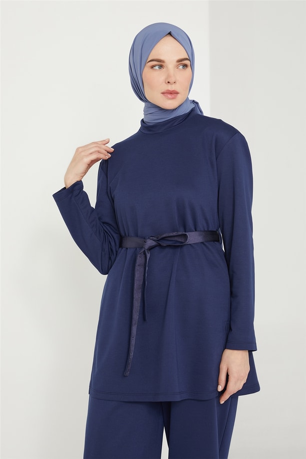 Armine Beli Lastik Detaylı Örgü Kuşaklı Takım 21K6326 Lacivert